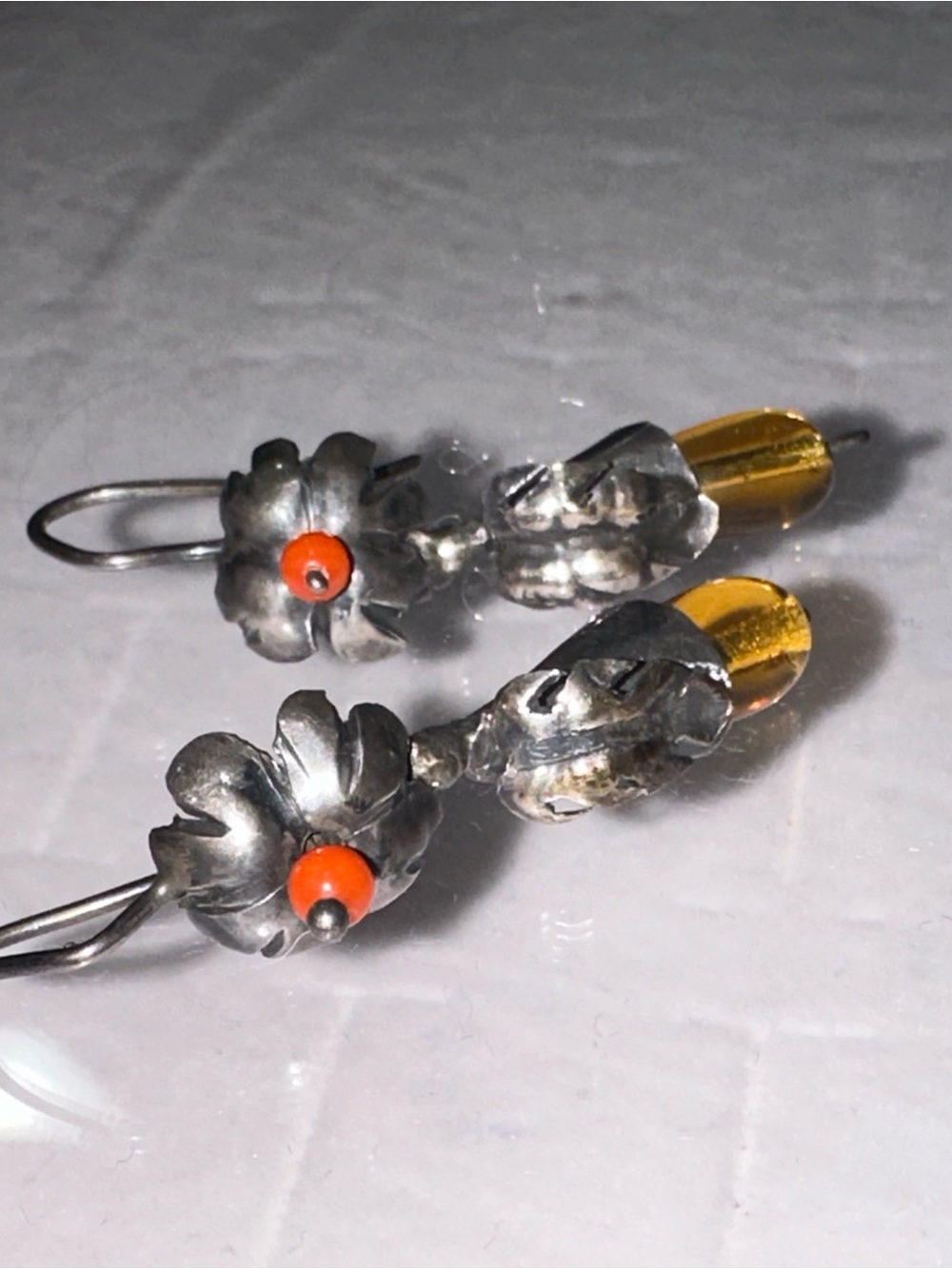 Vintage Mexican Sterling Silver Floral Earrings Red Coral Amber Glass